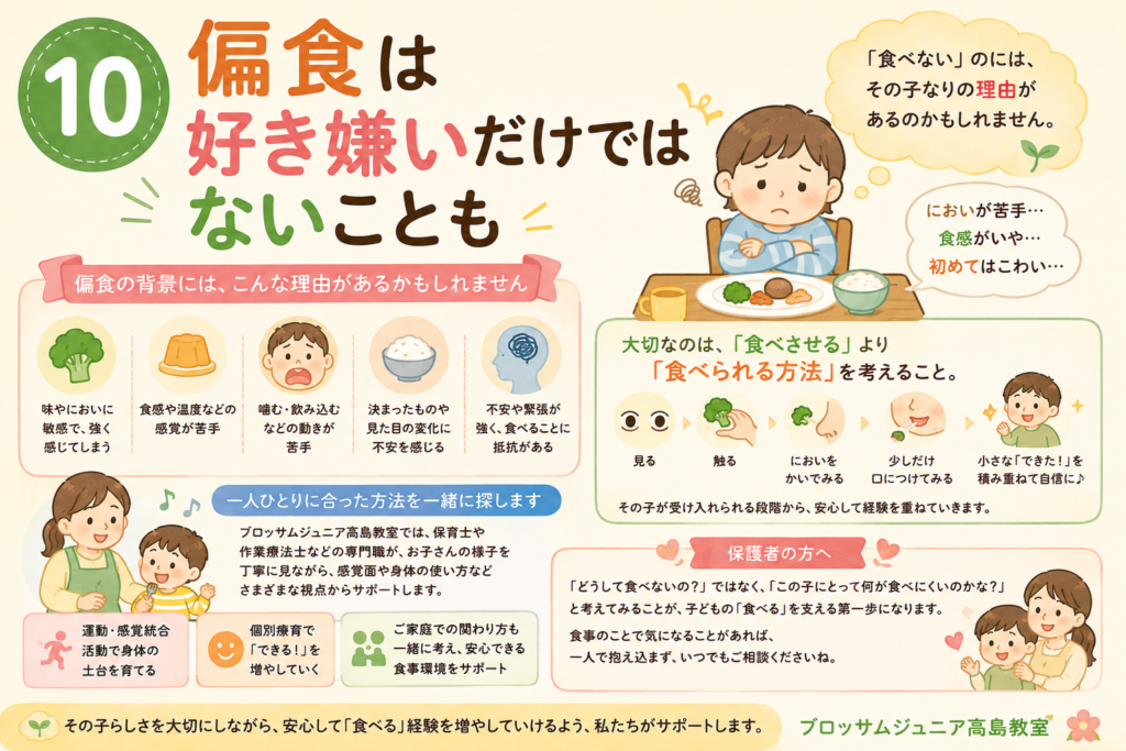 第10回【療育コラム】子どもの偏食は好き嫌いだけではない？原因と関わり方を療育の視点から解説｜ブロッサムジュニア高島教室