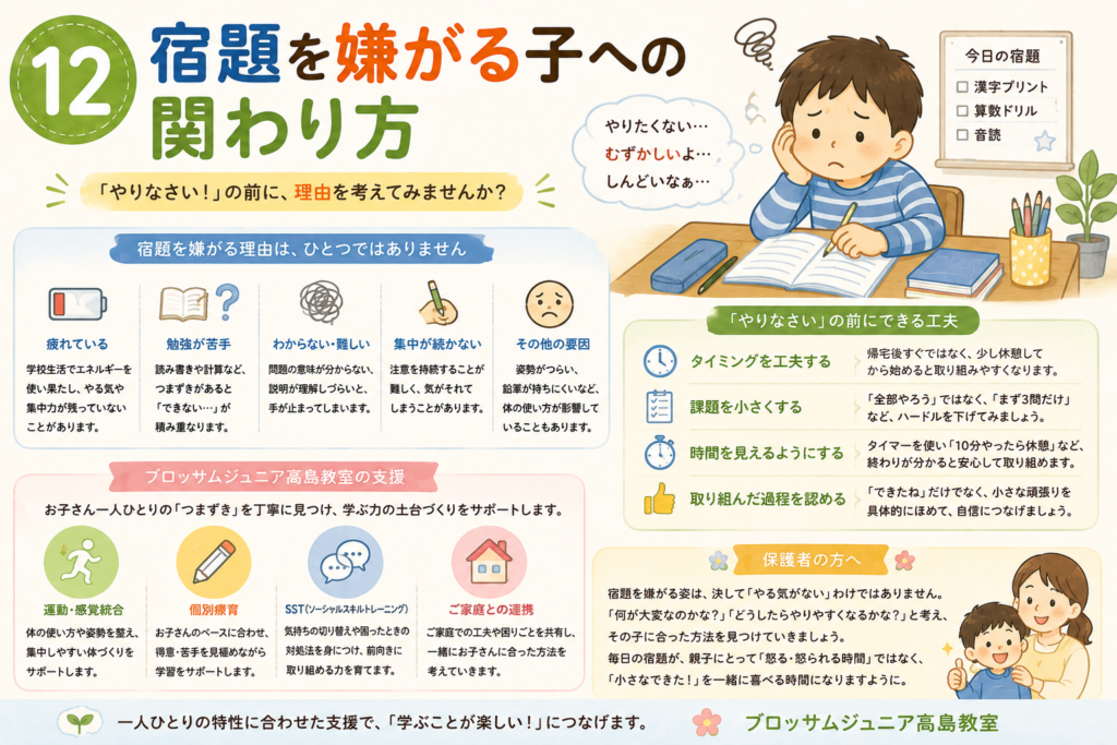 第12回【療育コラム】宿題を嫌がる子どもには理由がある？家庭でできる関わり方を療育の視点から解説｜ブロッサムジュニア高島教室